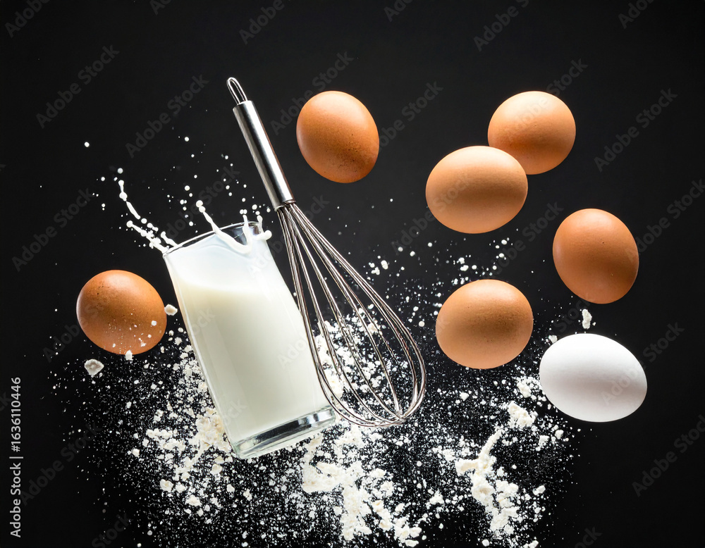 Poster baking ingredients exploding together creating a messy splash of milk and flour