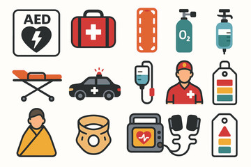 Emergency medical icons: aed, first aid kit, oxygen tank, ambulance, iv drip, paramedic