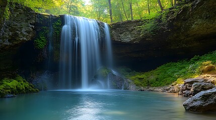A stunning waterfall flows into a serene pool surrounded by vibrant green foliage.