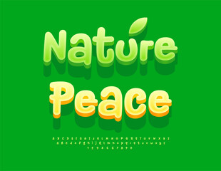 Fototapeta premium Vector Fresh badge Nature Peace. Funny Green 3D Font. Cute Alphabet Letters and Numbers set.