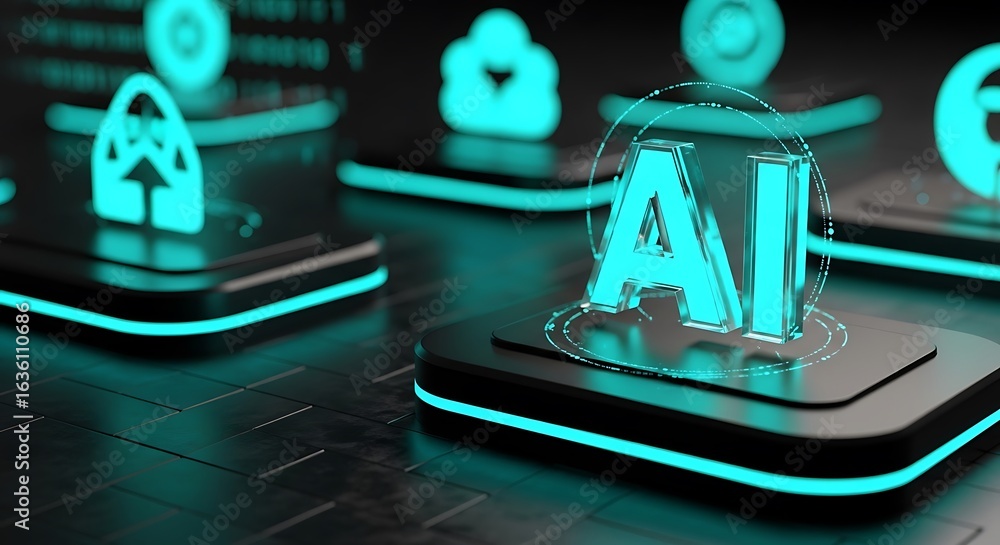 Aufkleber futuristic neon ai text with icons representing technology concepts