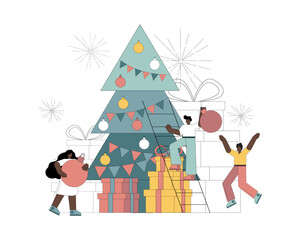 People decorate the Christmas tree.eps