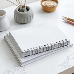 White spiral album or sketchbook mock up on light table book mockup Ultra realistic Photorealistic 
