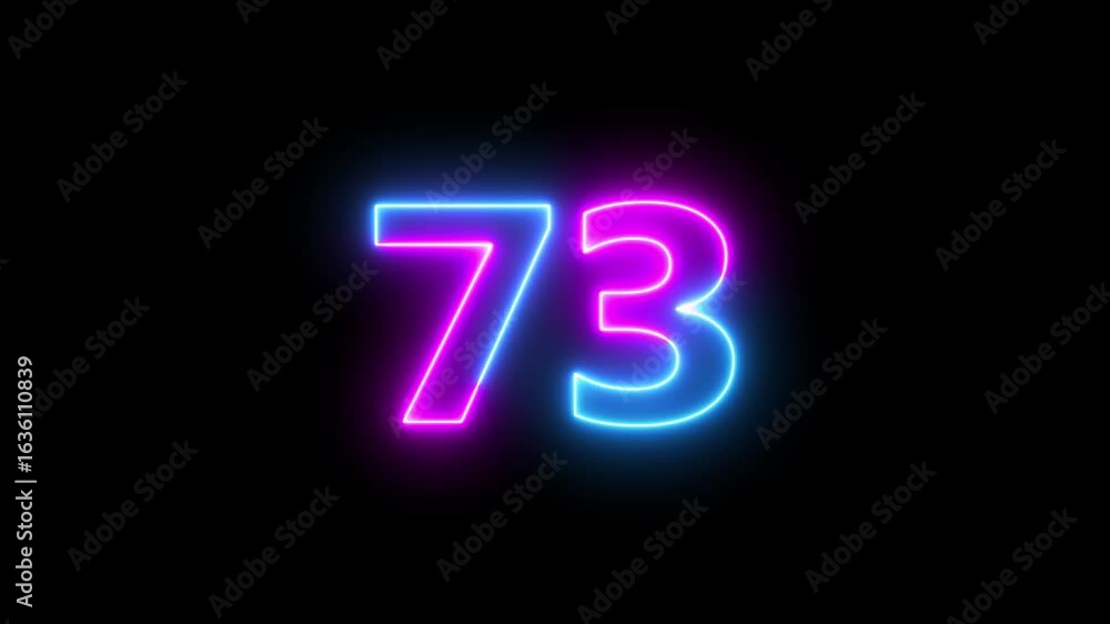 Poster glowing neon text 73 number countdown icon background 4k animation.