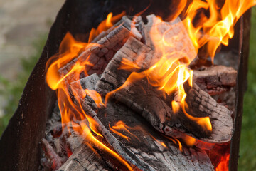 Fire in the grill. Fire in the fireplace. Fire and coals. design