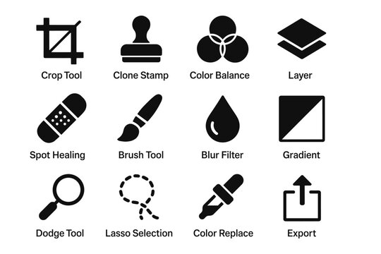 Graphic design tools icons: crop, clone, color balance, layer, spot healing, brush, blur, gradient, dodge, lasso, replace, export