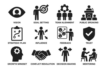 Icons depicting vision, goal setting, team alignment, public speaking, and more business concepts