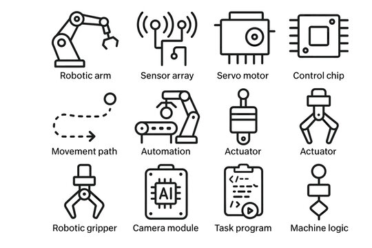 Automation technology icons: robotic arm, sensor array, servo motor, and more