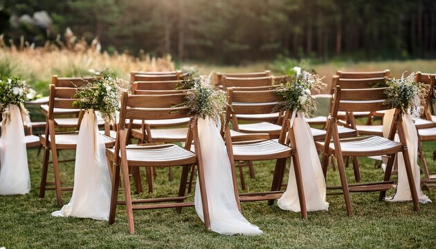 elegant chair wedding decor in a modern rustic style for outdoor ceremony - Powered by Adobe
