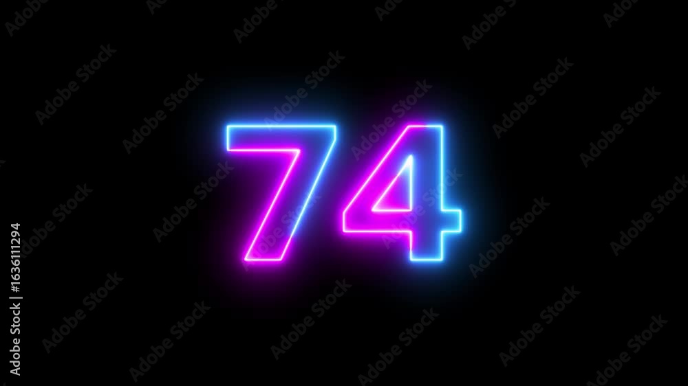Poster glowing neon text 74 number countdown icon background 4k animation.