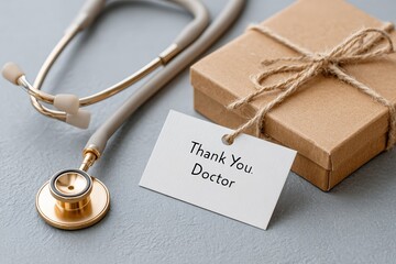 Gift for doctor with thank you note and stethoscope on grey background