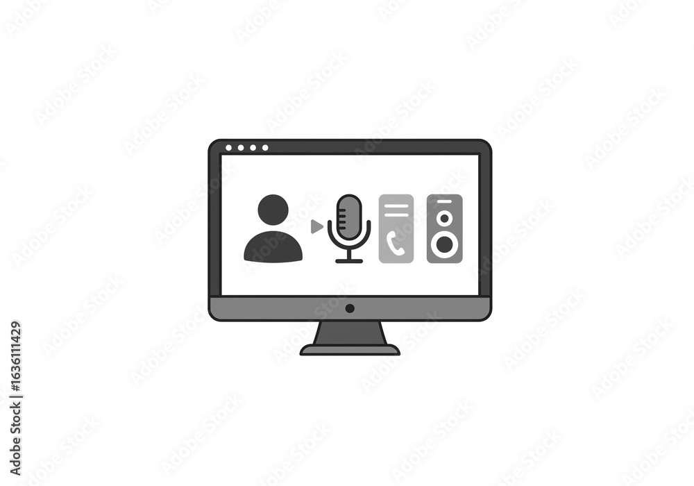 Poster a gray computer monitor displaying a video call interface with microphone and speaker icons displaye