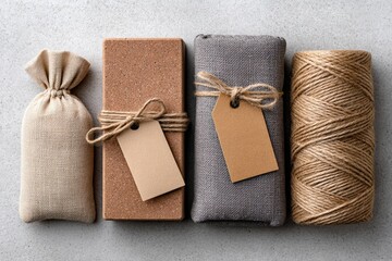 Eco-friendly packaging: burlap bag, soap bar, cloth wrap, and jute twine on concrete surface