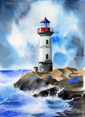 Watercolor illustration of a lighthouse in a stormy blue sea, with crashing waves, white sea foam and splashing water (This illustration was drawn by hand without the use of generative AI!)