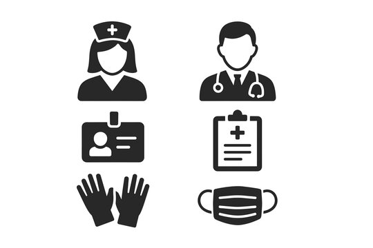 Healthcare icons: medical professionals and equipment symbols in black and white