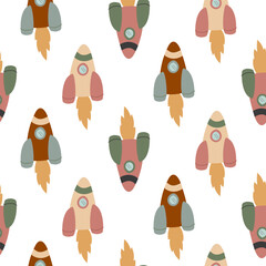 Pattern of a children's toy rocket with fire, made of any material. Flat color seamless texture. Toy for space lovers. Product for child development. Retro-colored packaging for children's products