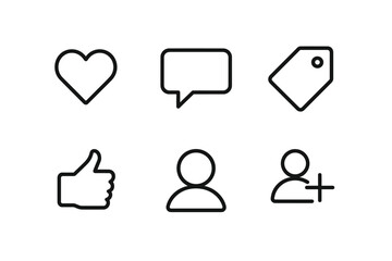 Minimalist icon set: heart, chat, tag, like, user, add