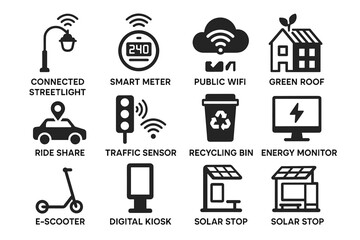 Smart city icons: technology, energy, and transportation solutions for urban living