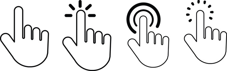 Pixel cursor pointer icons set. Computer mouse click arrow and hand. Pixel hand arrow logo vector isolated - for stock.Computer mouse click cursor. Pointer click. Hand pointer symbol. Clicking finger.