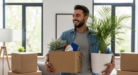 A happy man carries boxes and plants while moving into his new home, filled with joy and anticipation.