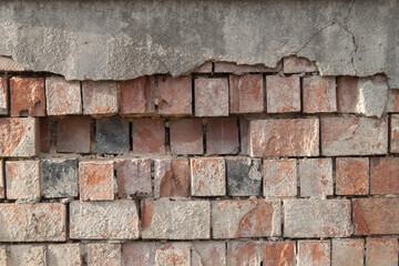 Photo of an old wall. Old wall cracked plaster. Old destroyed wall. Background of old plaster