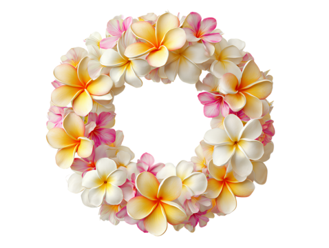 Circular Plumeria Wreath Frame with Vibrant Petals, Centered Layout, Isolated on Transparent Background