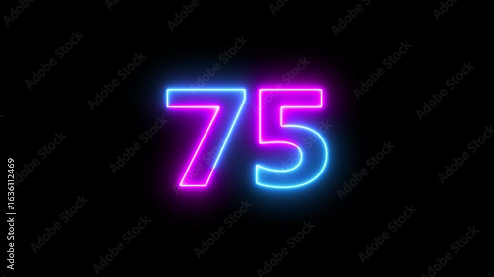 Poster glowing neon text 75 number countdown icon background 4k animation.