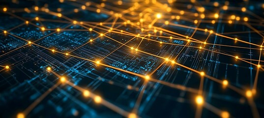 A decentralized application interface hovering over a blockchain matrix 