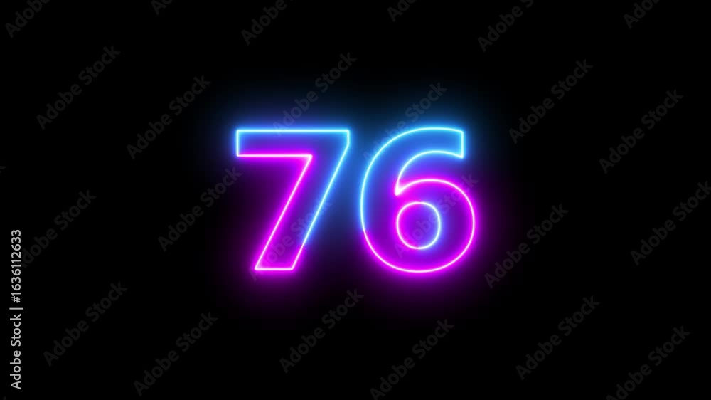 Poster glowing neon text 76 number countdown icon background 4k animation.