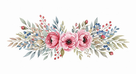 Watercolor floral arrangement with pink roses leaves and berries on a white background design