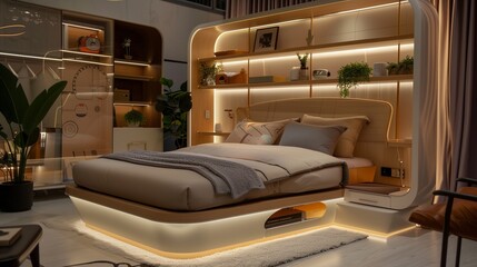 smart multifunctional bed with built-in lighting and shelves