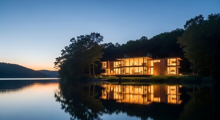 Fototapeta premium Lakeside Luxury A Modern Home Reflecting Tranquility at Dusk A Harmonious Blend of Architecture and Nature's Beauty