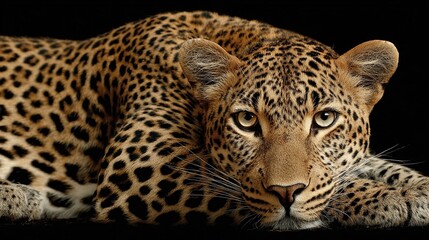 Obraz premium Close-up of a leopard resting, its eyes gazing intensely forward on a dark background