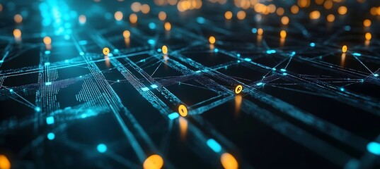 A decentralized application interface hovering over a blockchain matrix 