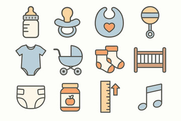 Baby essentials icons set: bottle, pacifier, bib, rattle, onesie, stroller, socks, crib, diaper, food jar, growth chart, music note