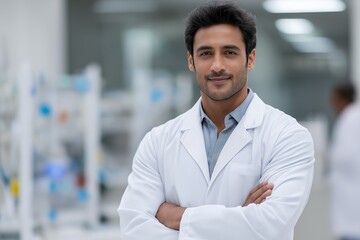 Fototapeta premium Confident hispanic male scientist in white lab coat posing in a modern laboratory