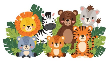A charming cartoon featuring a collection of adorable jungle animals amidst lush greenery.