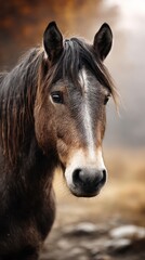 Fototapeta premium Close-up of a majestic horse standing in a serene autumn landscape under soft natural lighting