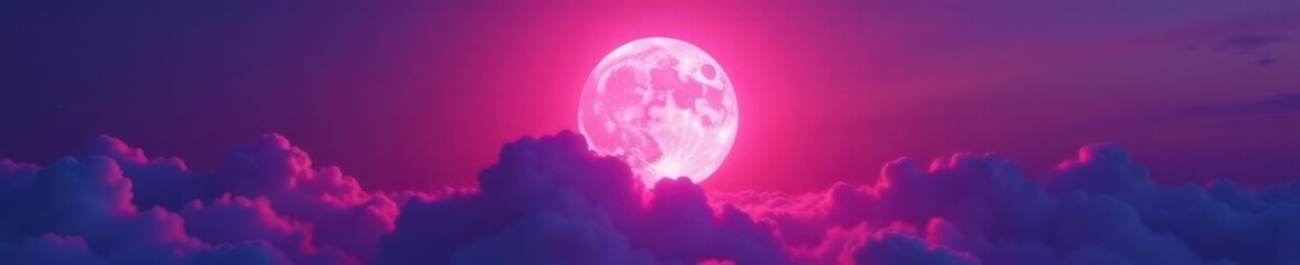 Obraz premium Bright pink full moon rises over vibrant pink cloud formation , space, eclipse, illustration