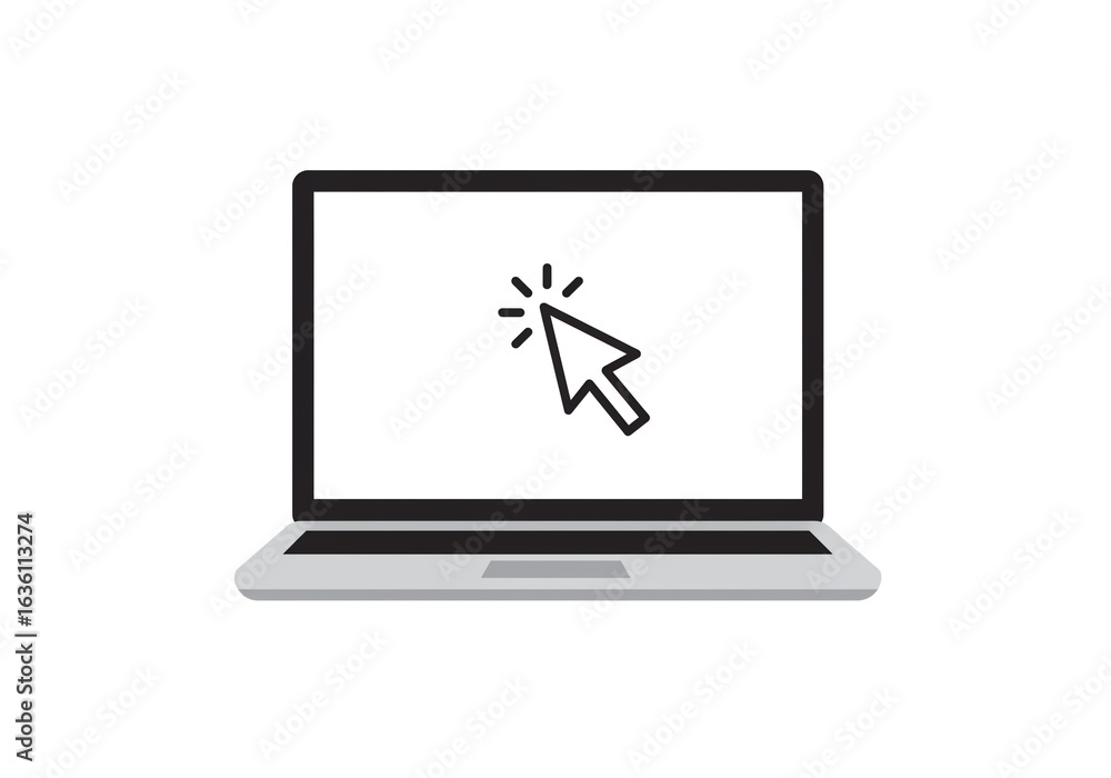 Poster a laptop computer with a cursor clicking on the screen in a minimalist design on a white background
