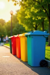 Brightly colored recycle bins in a sunlit park , urban, disposal, litter