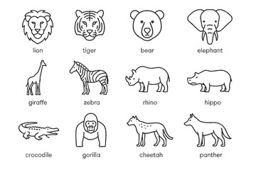 Fototapeta premium Animal line art: lion, tiger, bear, elephant, zebra, rhino, hippo, giraffe