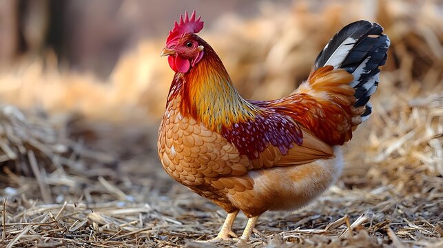 Beautiful multicolored chicken standing on straw in a rustic farmyard during daylight hours - Powered by Adobe