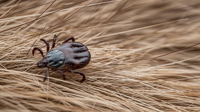 An engorged blood-sucking tick, a dangerous parasite and disease vector, captured in a detailed macro photo on animal fur.