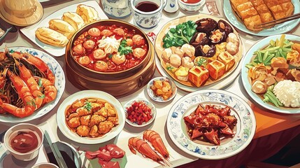 A lavish spread of various asian dishes on a table.