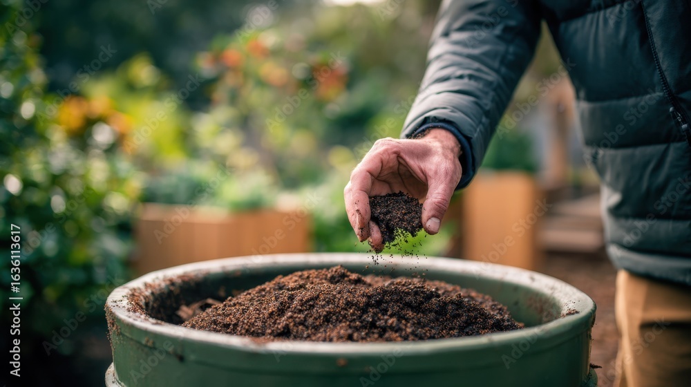 Poster medium shot of a person adding coffee grounds to a compost container background out of focus with sh