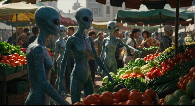 Aliens customers show imaginative beings from outer space portrayed as buyers or visitors in creative futuristic and sci fi themed concepts