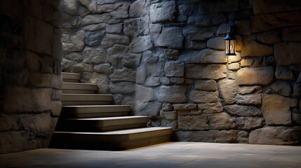 Mysterious basement with stone walls and gentle light