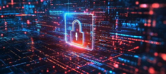 A digital lock with multiple encryption layers hovering in cyberspace 