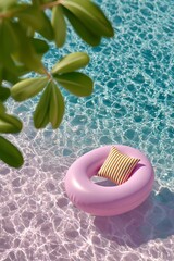 Purple inflatable ring with striped pillow in clear pool water